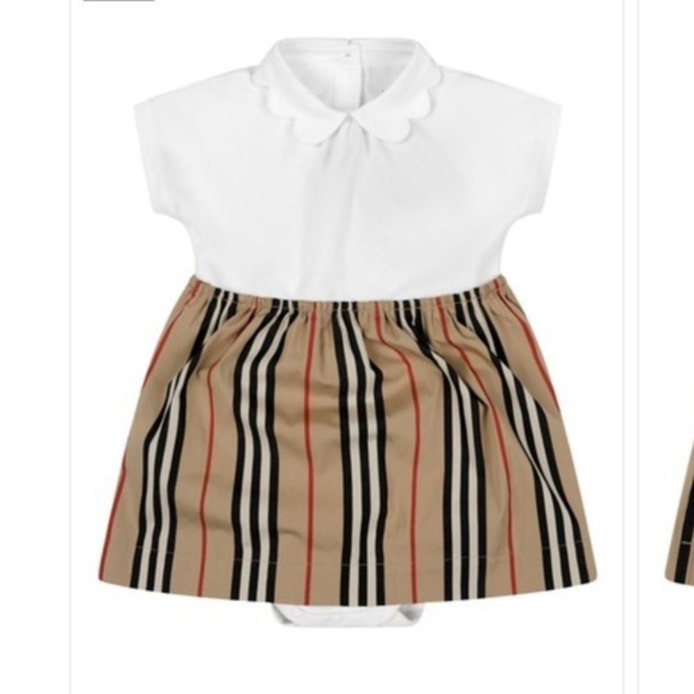 Burberry White and Tan Striped Kids Casual Dress